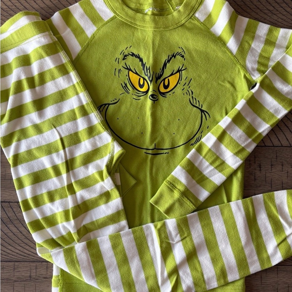 Hanna Andersson Lime Green & White Striped Grinch Face Unisex Pajamas